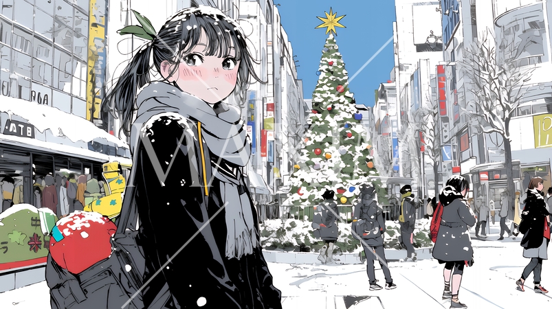 ホワイトクリスマスの街を歩く若い女性