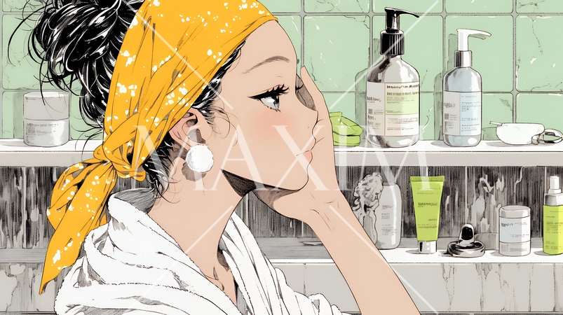 スキンケアを念入りに行う若い女性