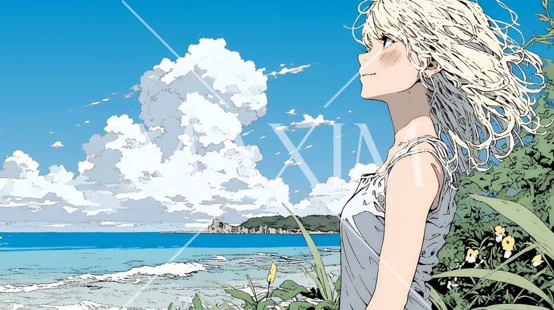 夏の海と入道雲と若い女性