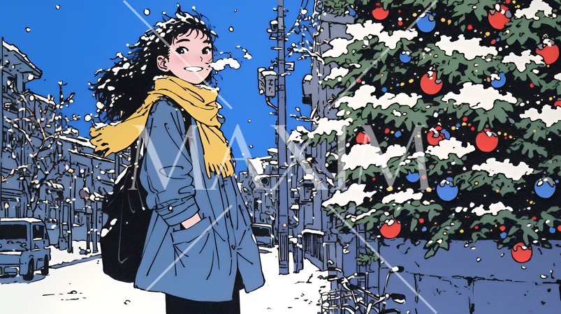 ホワイトクリスマスの街を歩く若い女性