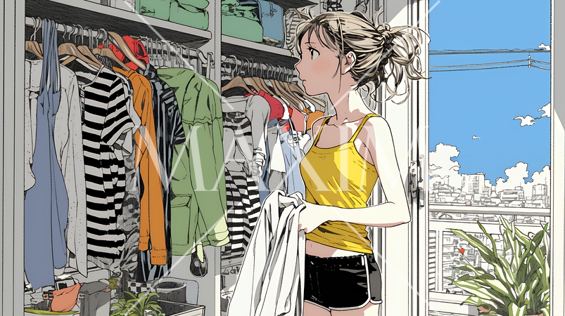 着ていく服をクローゼットから選ぶ若い女性