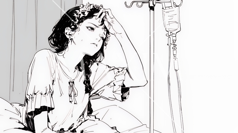 病院のベッドに腰掛けて気落ちしている女性（シンプルな色使い）