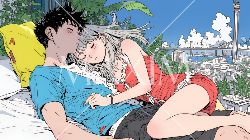 寄り添いながら穏やかに眠る若いカップル