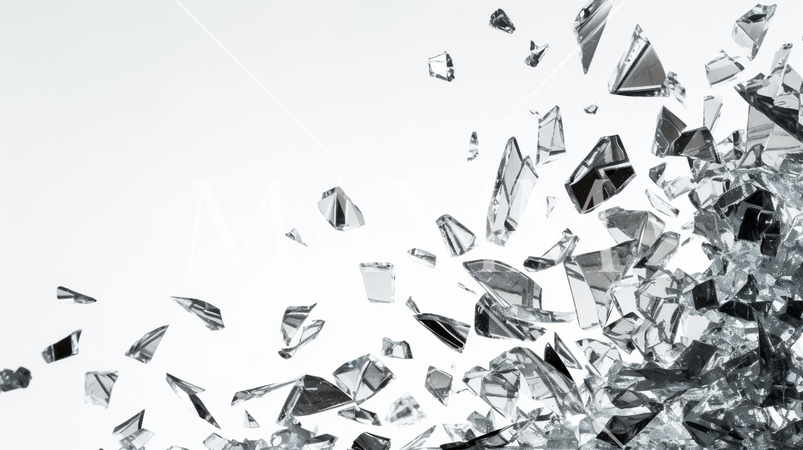 ガラスが割れて飛び散っている-白背景画像：精緻CG画像