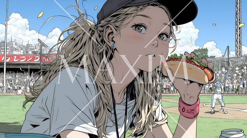 野球などの屋外スポーツを観戦しながら、ホットドッグを頬張る若い女性。