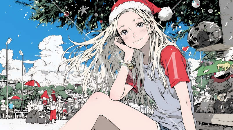 真夏（南半球）のビーチで活動中の女性のサンタクロース