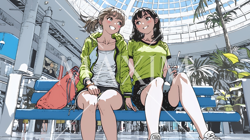 女友達と一緒にショッピングモールを歩き回る若い女性