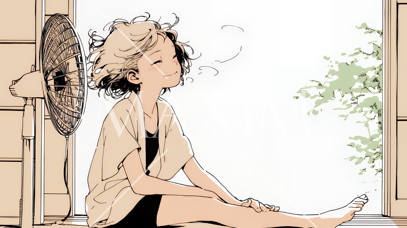 暑い夏の昼下がり、扇風機にあたって涼んでいる若い女性（シンプルな色使い）