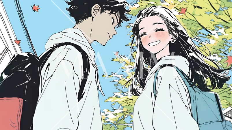 紅葉の公園でデートをしている若い男女のカップル