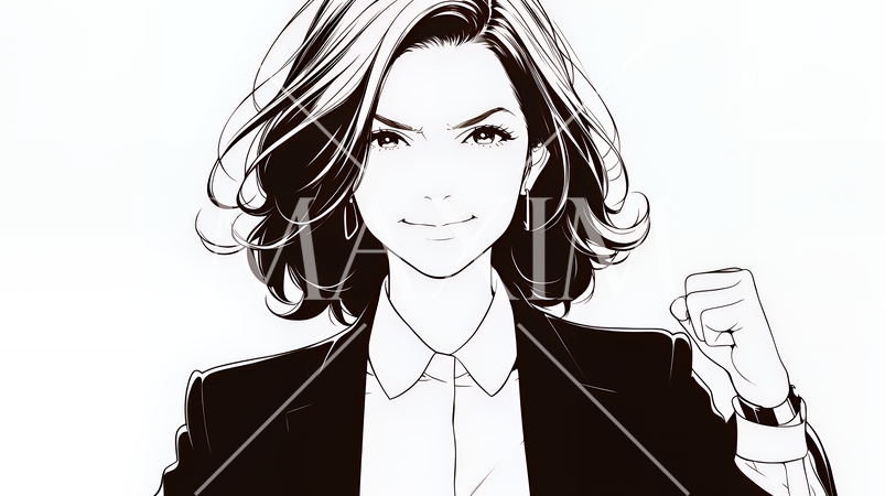 ガッツポーズ（拳を握って力強く）をしているビジネスウーマン（シンプルな色使い）