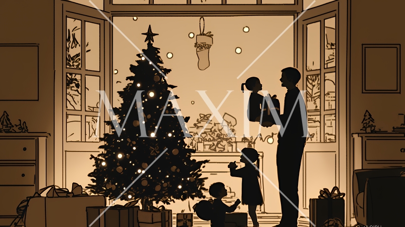 仲良し親子の楽しいクリスマス（シンプルな色使い）