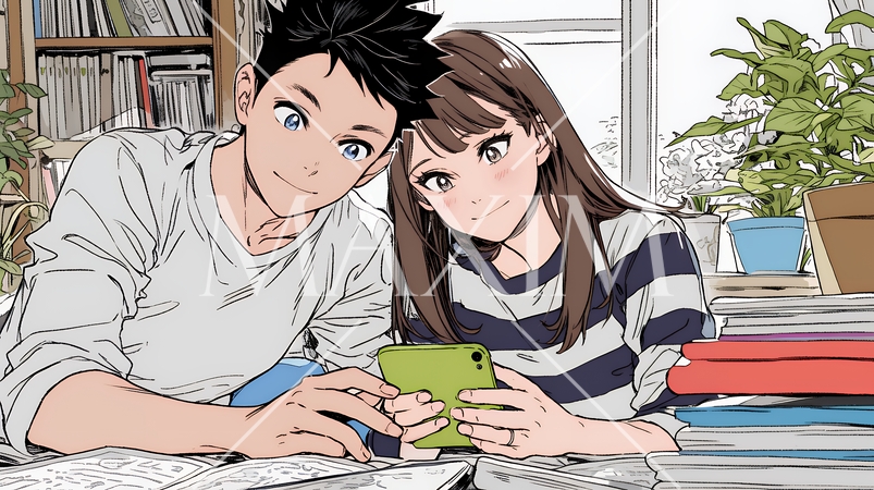 幸せそうに一緒にスマホを見る若いカップル