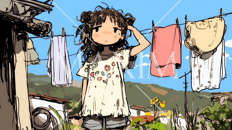 小学生の夏の思い出：グータラと朝寝坊（クレヨン＋水彩画風）