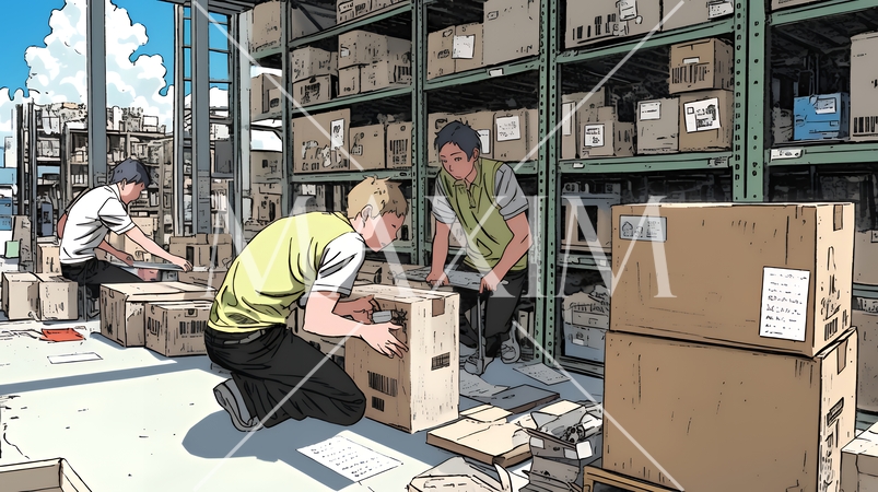 倉庫で配送作業をしている人たち