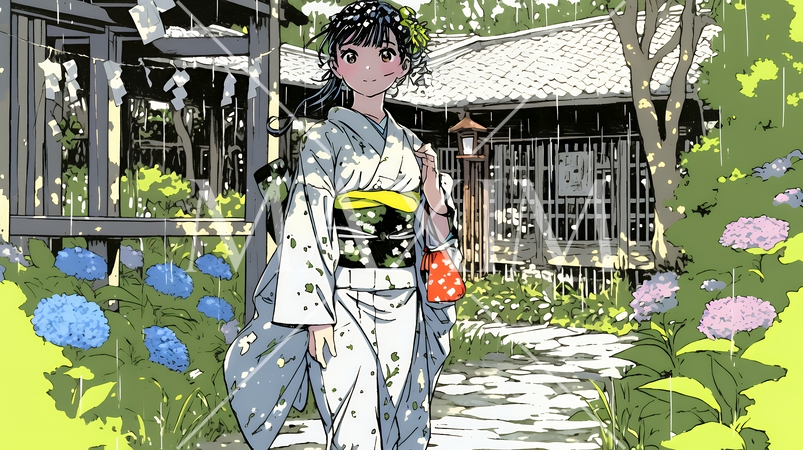 あじさいの小径を和服で歩く若い女性