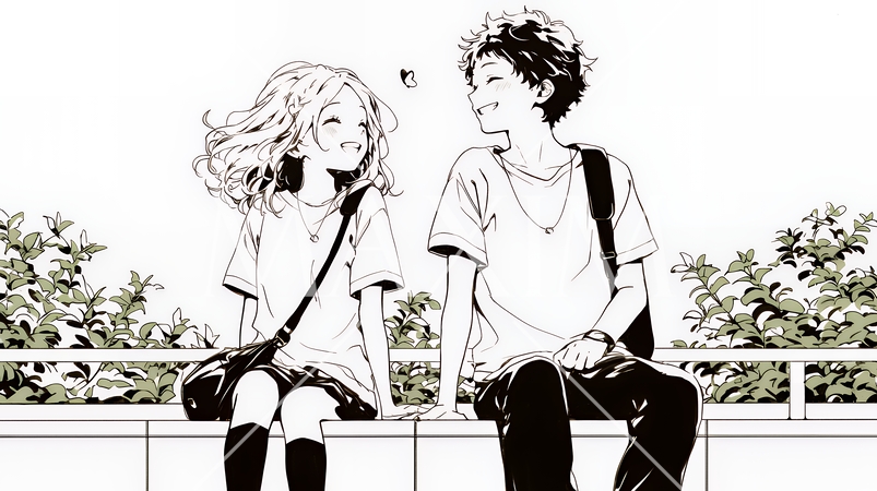 幸せそうなカップル：腰掛けて談笑（シンプルな色使い）