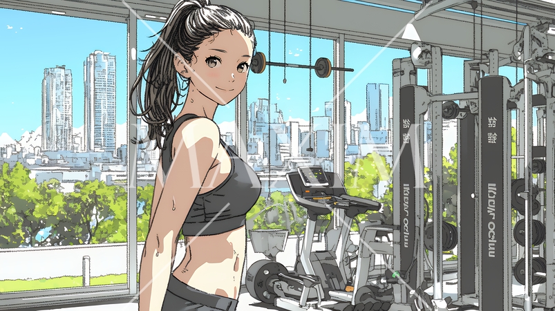 休日にジムで軽く運動する若い女性