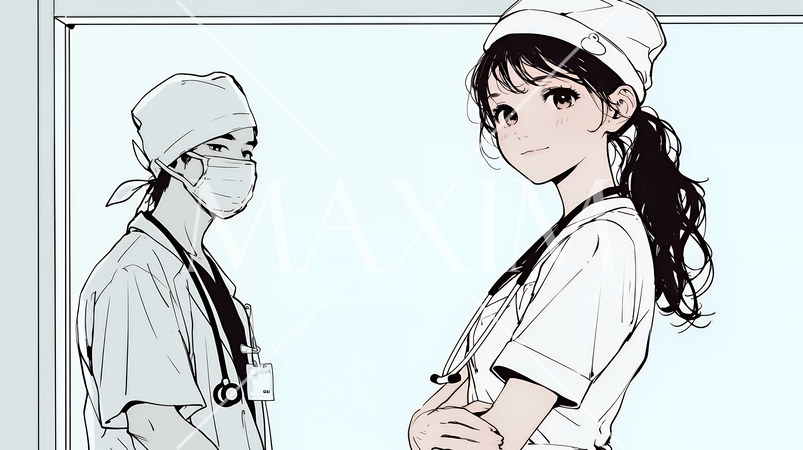 メディカルスタッフ：看護師が打ち合わせ（シンプルな色使い）