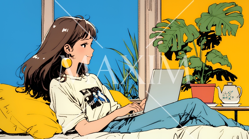 ワーケーション：休暇を楽しみながら仕事をしている女性