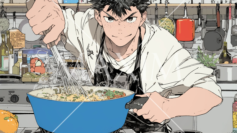 男性が一生懸命に鍋料理を作っている