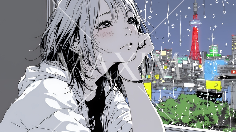 思案・反省・諦め? 窓から流れ落ちる雨粒を見つめる若い女性