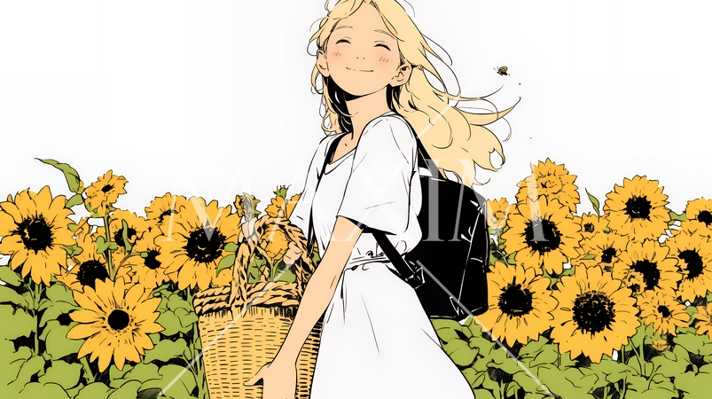 ひまわりと女性（シンプルな色使い）