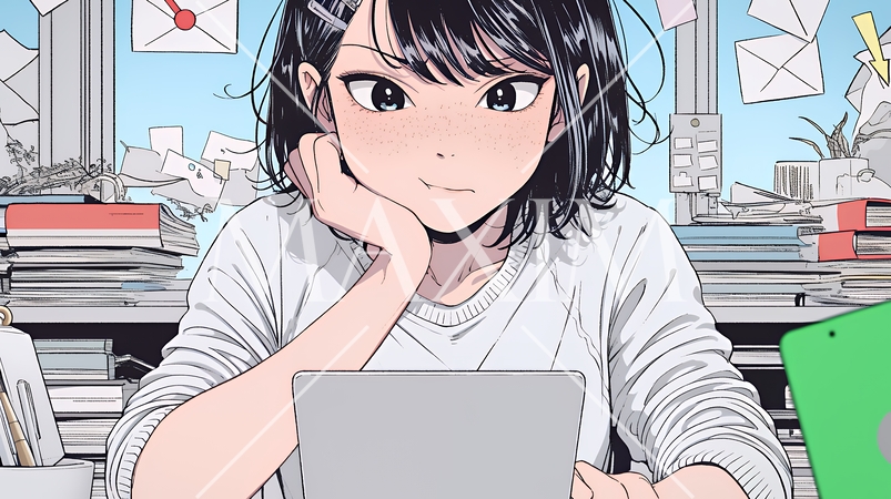 スマホでメールを読みながら唇を噛んでいる神経質な女性。表情には不安が漂っている。