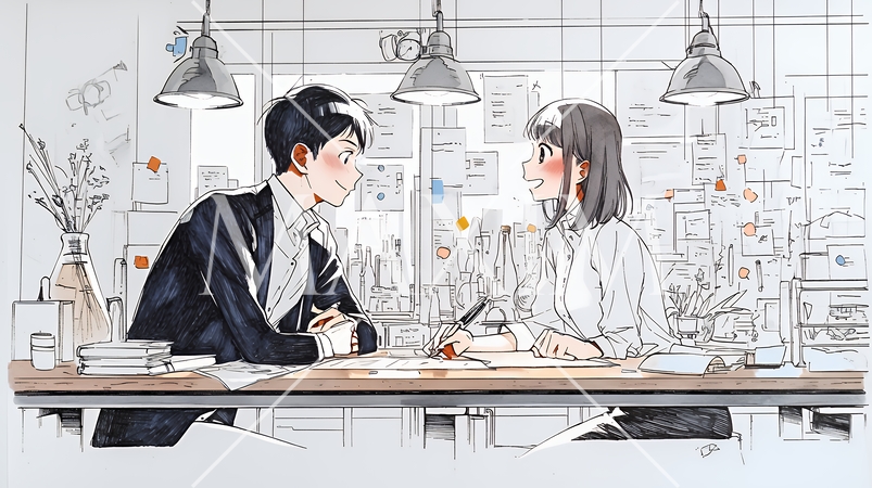 OJT：　上司から仕事の手順の説明を受けている女性社員（シンプルな色使い）