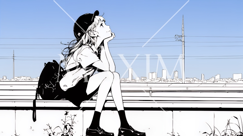 若い女性が佇む都市の街角（シンプルな色使い）