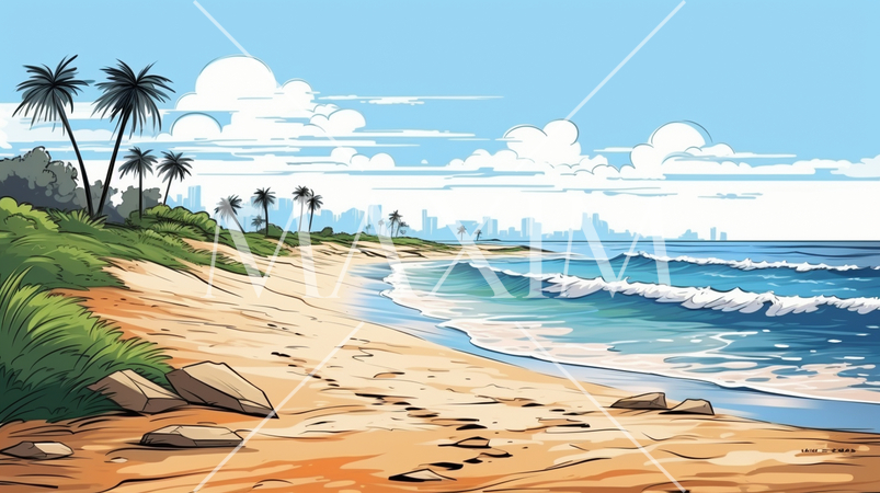 南国の島の浜辺と青い空のイラスト