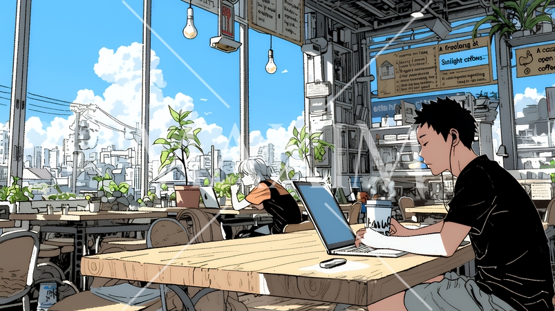 カフェでフリーランスや学生が仕事や勉強をしている