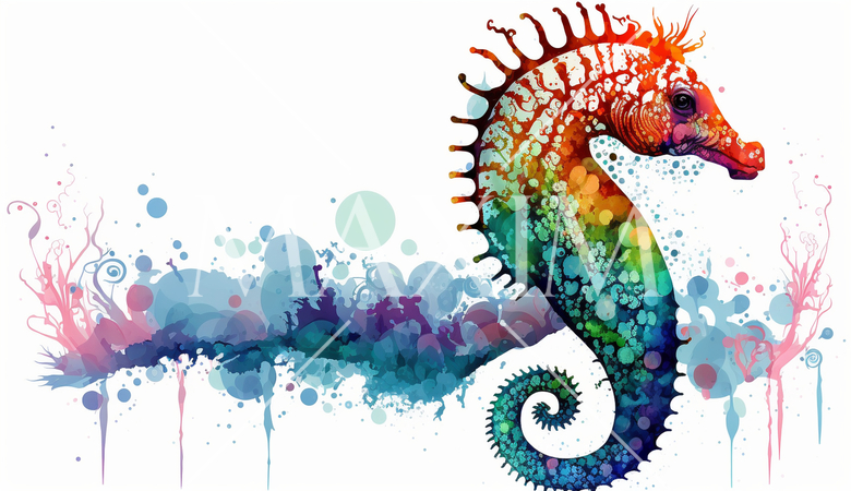 タツノオトシゴ：カラフルでサイケデリックでシュールレアリズム的な水彩画