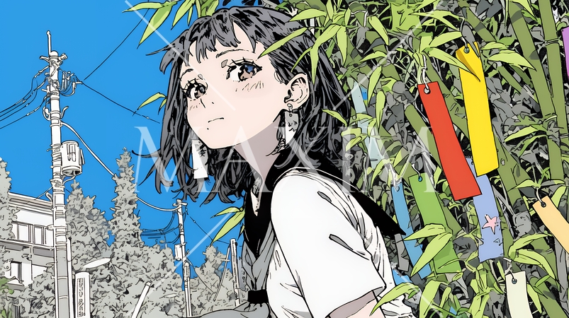 七夕飾りと制服を着た女子高生