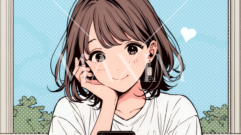 楽しそうにスマホ画面を眺めている若い女性