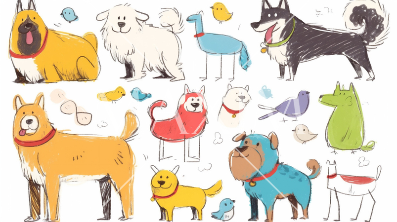 小学生低学年が描いたイヌ（クレヨンと水彩画）