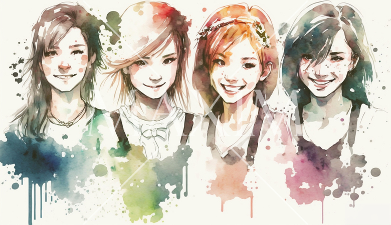 笑顔の若い女性たち：水彩画