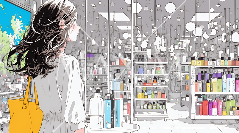 ドラッグストアでコスメを選ぶ若い女性