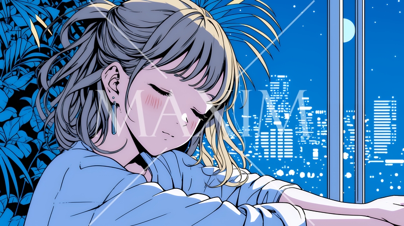 ベランダで夜風に当たりながら都会のランドスケープを眺め休む若い女性