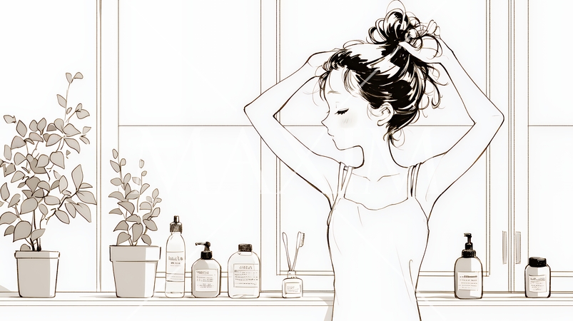 朝支度：洗面所で髪をまとめている若い女性（シンプルな色使い）