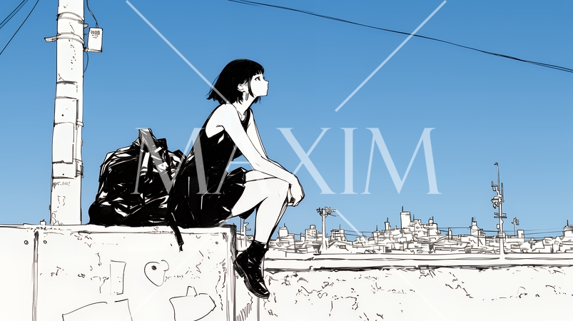 若い女性が佇む都市の街角（シンプルな色使い）