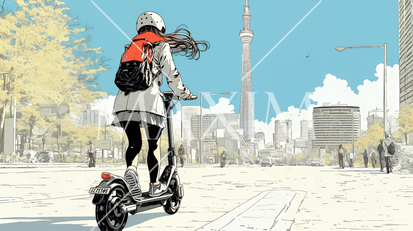 特定小型原付で都会を移動するビジネスパーソン