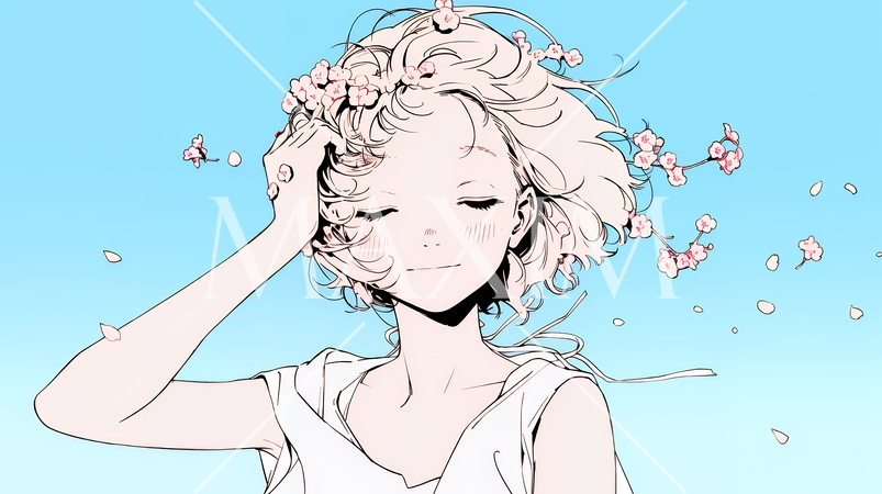 満開の桜の下、春風に乱れた髪を整える若い女性（シンプルな色使い）