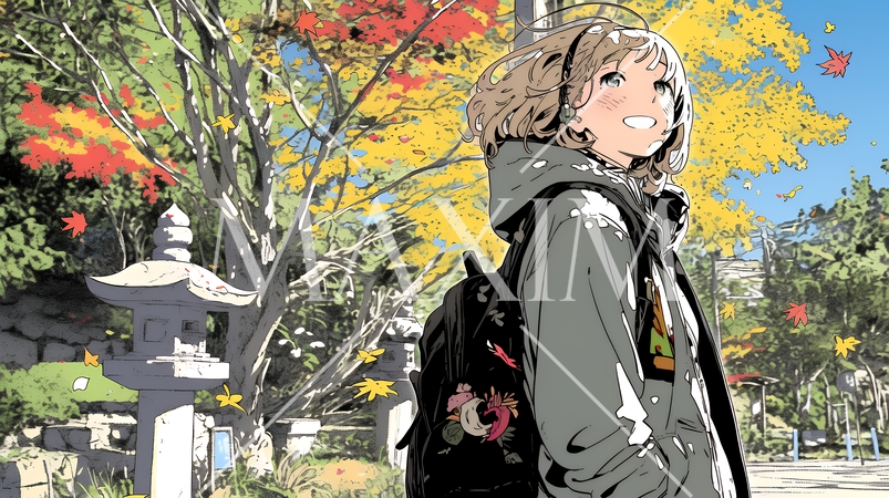 紅葉の小径を歩く若い女性