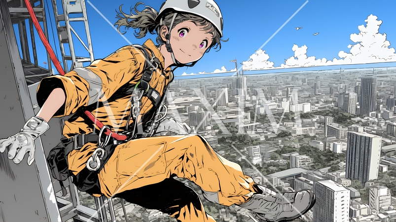 高所で作業をしている女性作業員