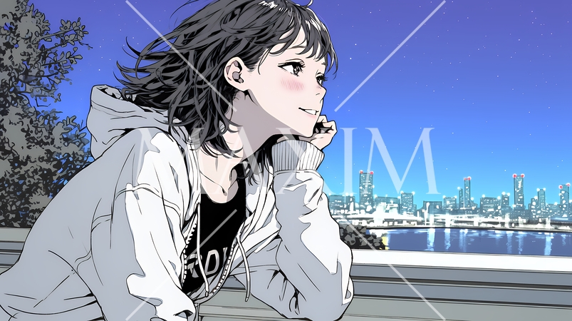 ベランダで夜風に当たりながら都会のランドスケープを眺め休む若い女性