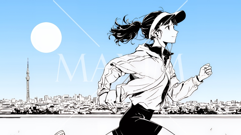 夕方の街並みを背景にジョギングをする若い女性（シンプルな色使い）