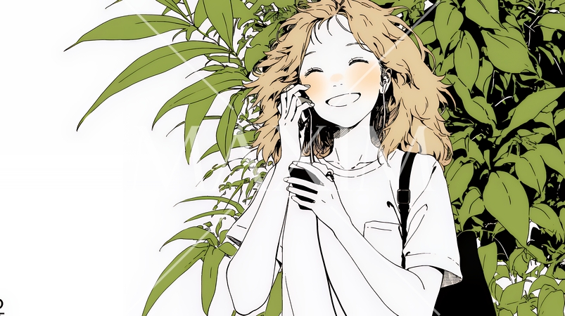 嬉しそうな表情でスマホを使っている女性（シンプルな色使い）