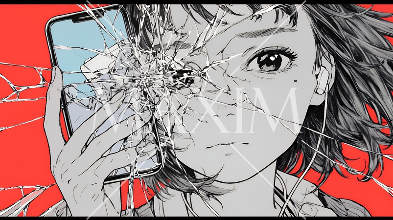 画面が壊れたスマホを手に持つ若い女性