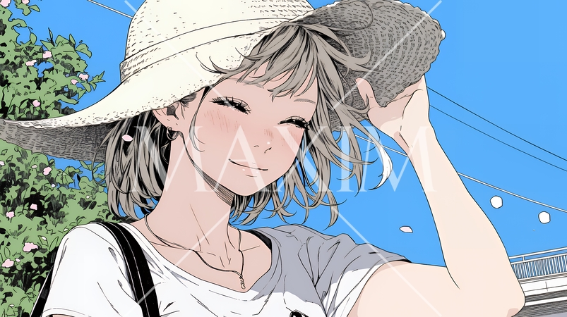 春風に飛ばされそうな帽子を、手で押さえる若い女性春風に飛ばされそうな帽子を、手で押さえる若い女性