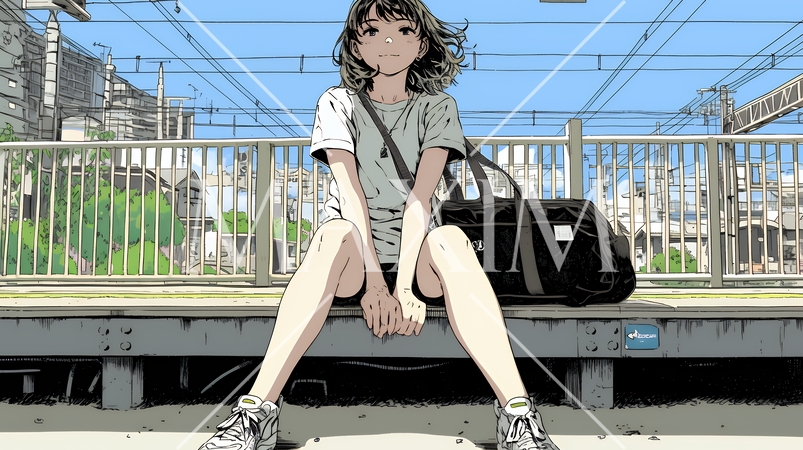 駅のホームで、なかなか来ない電車を待ちくたびれている若い女性